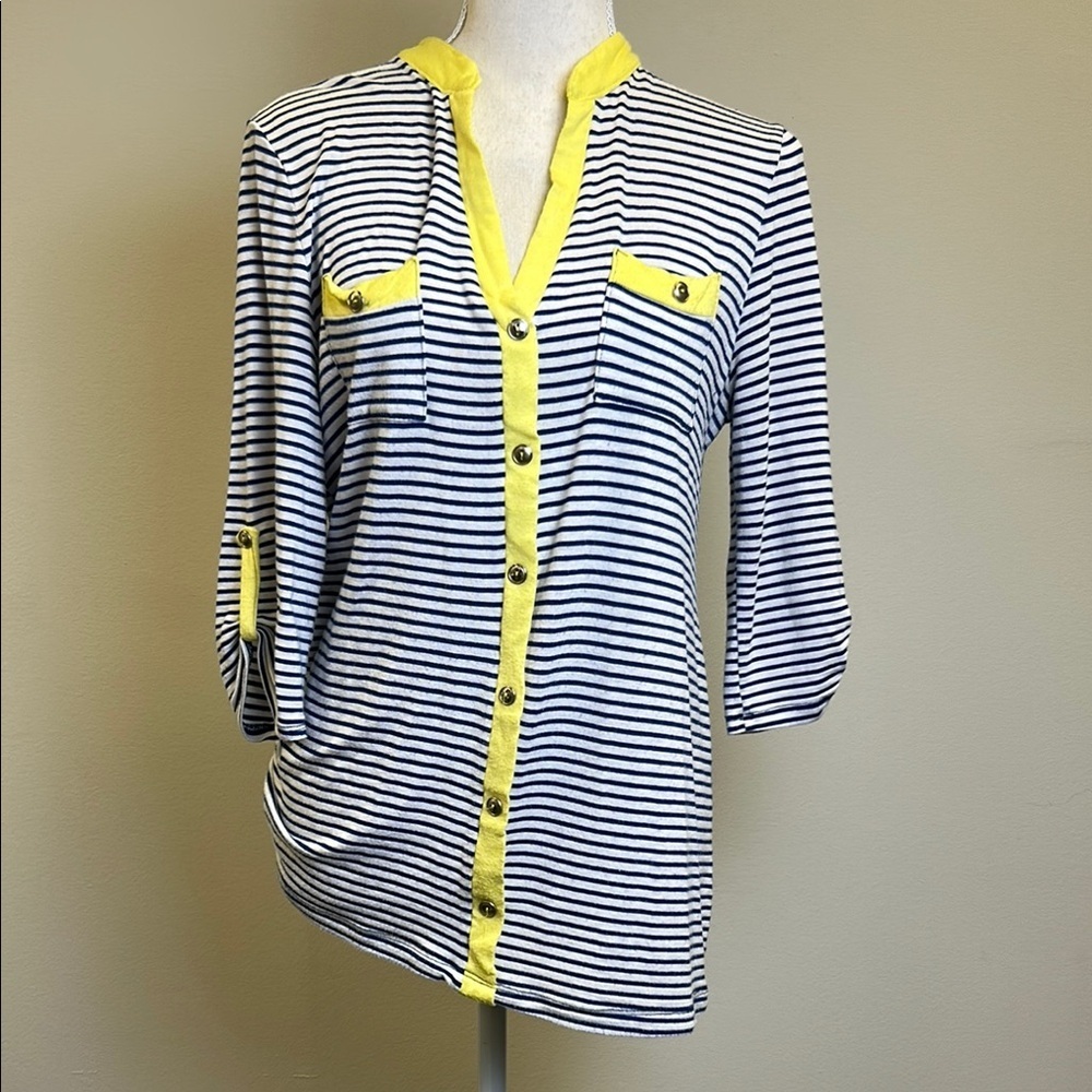 Charming Charlie Striped Yellow and Navy Blue Women's Top